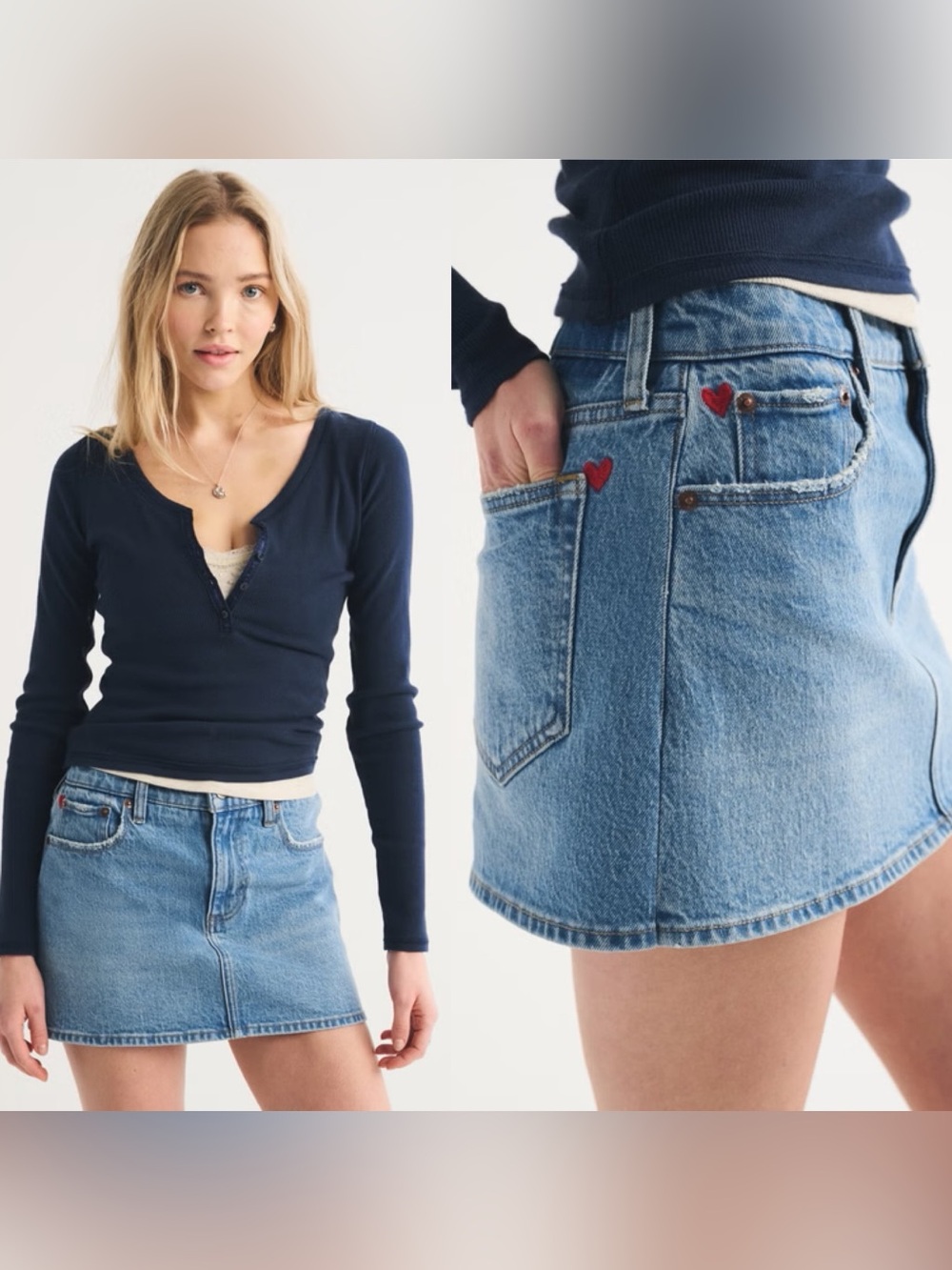 Abercrombie Mid Rise Embroidered heart Denim Mini Skort skirt size 33